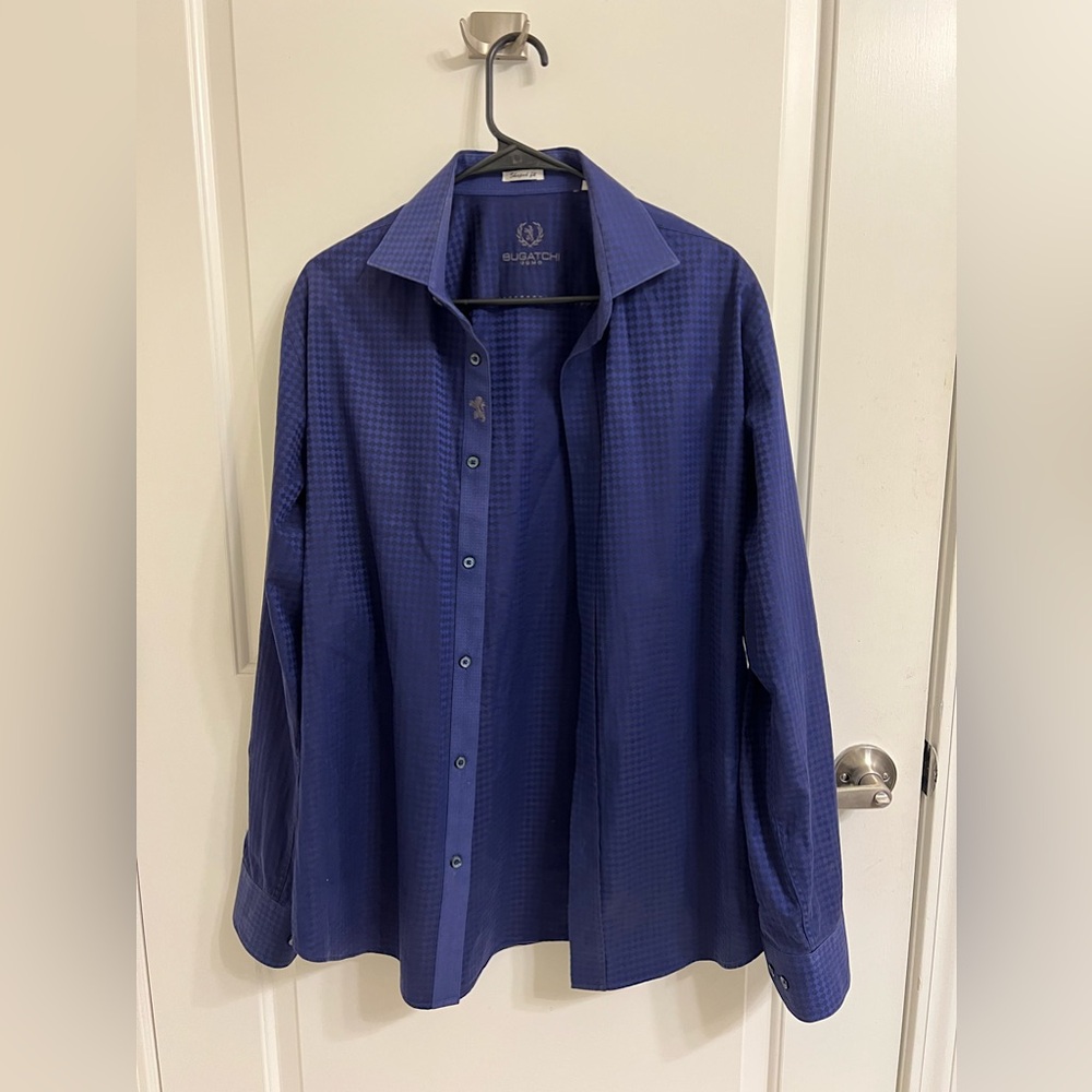 Blue Patterned Men’s Long Sleeve Shaped Fit Bugatchi Uomo Button Down LG